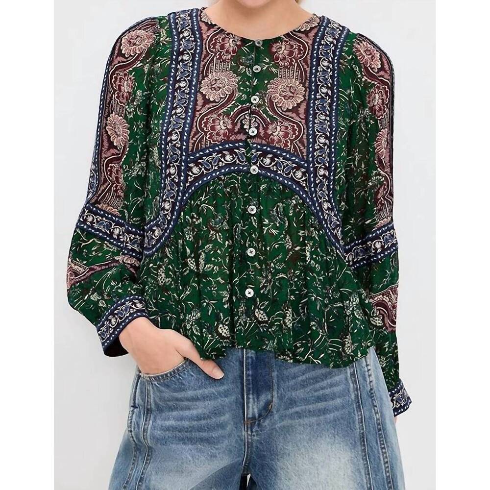 NEW SEA melba long sleeve top in green multi